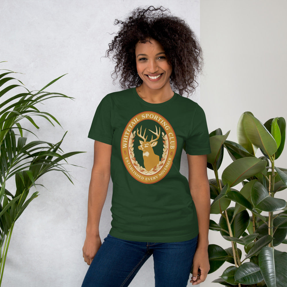 Whitetail Sporting Club vintage deer hunting tee — Forest, on model