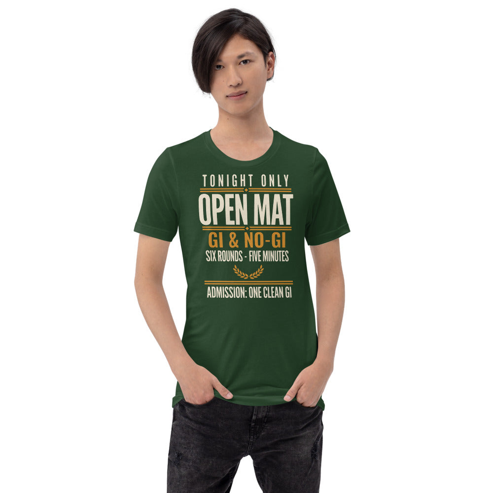 Open Mat Tonight Brazilian jiu jitsu t-shirt — Forest, on model