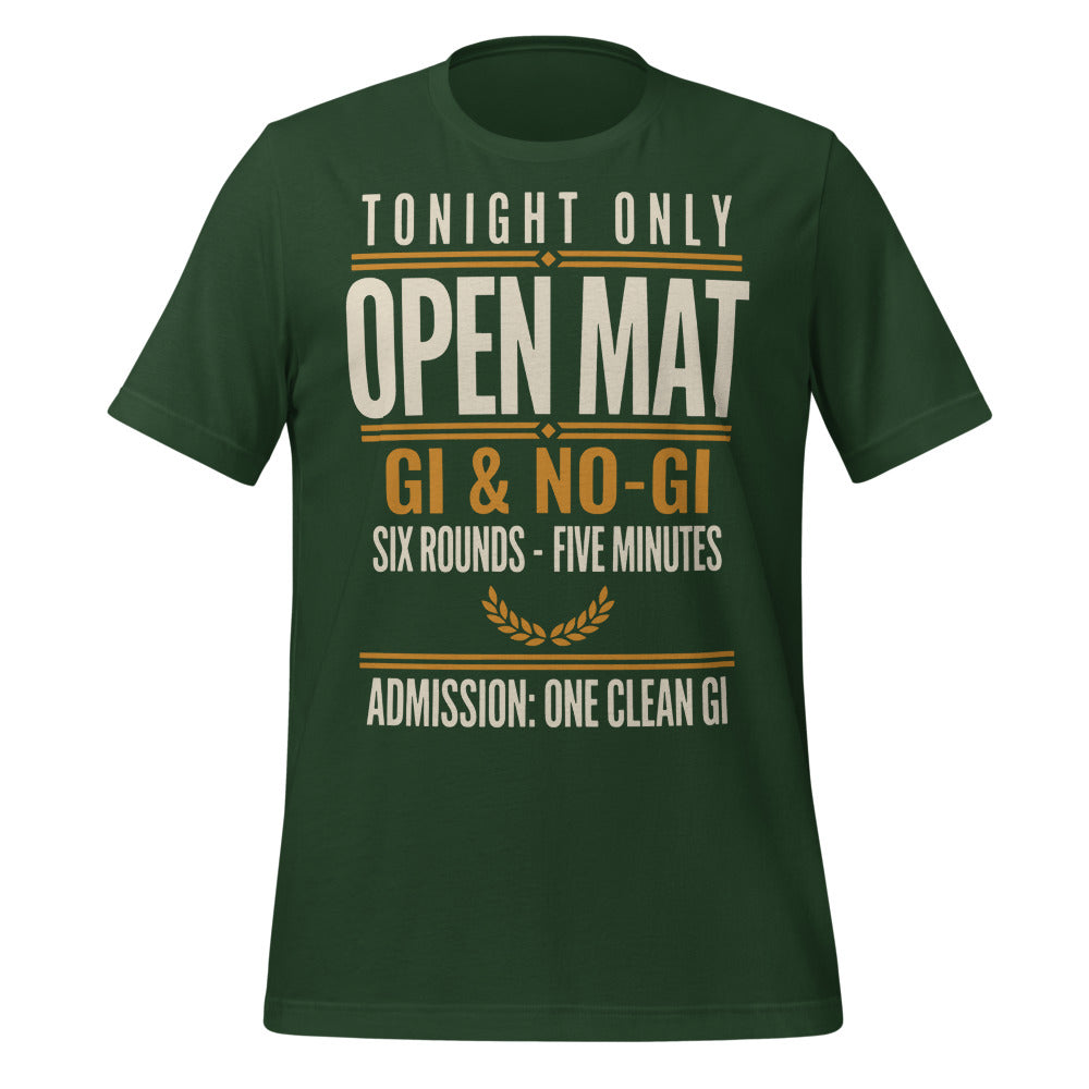 Open Mat Tonight Brazilian jiu jitsu t-shirt — Forest, front