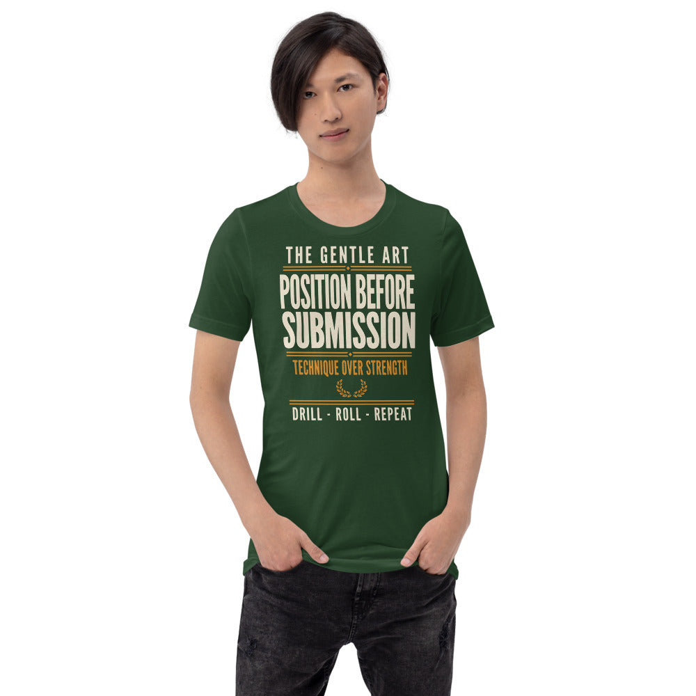Position Before Submission Brazilian jiu jitsu t-shirt — Forest, on model