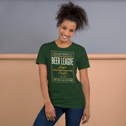 Beer League Cold Barn Brewing lager t-shirt — Forest, on model