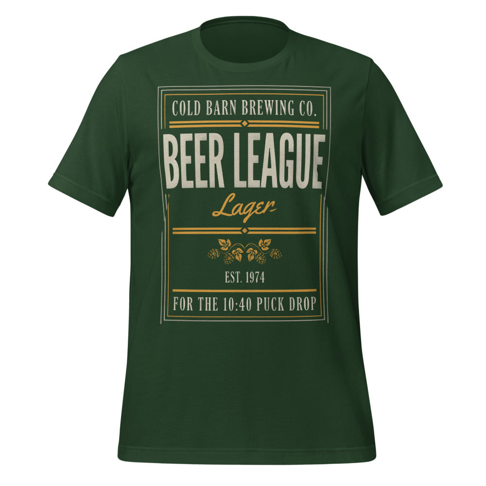 Beer League Cold Barn Brewing lager t-shirt — Forest, front