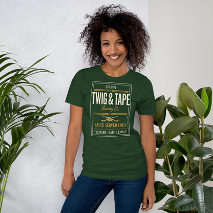 Twig and Tape Brewing Co. beer league hockey t-shirt — Forest, on model
