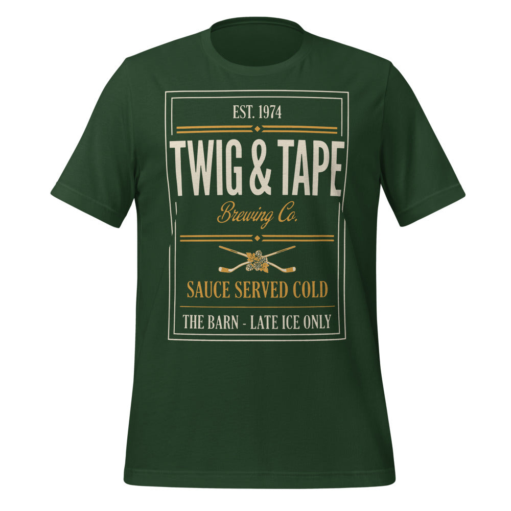 Twig and Tape Brewing Co. beer league hockey t-shirt — Forest, front