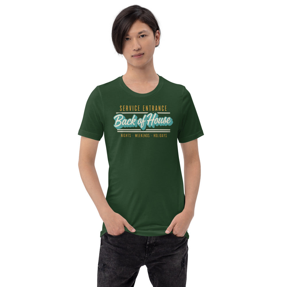 Line Cook Back of House retro diner service sign t-shirt — Forest, on model