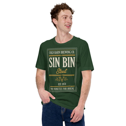 Beer League Sin Bin Stout brewery label t-shirt — Forest, on model
