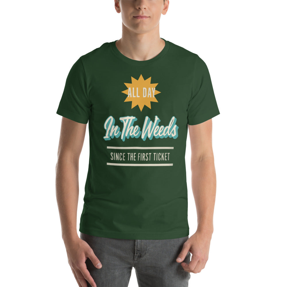 In The Weeds line cook retro diner service sign t-shirt — Forest, on model