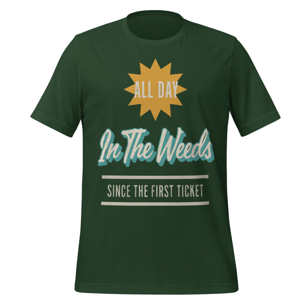 In The Weeds line cook retro diner service sign t-shirt — Forest, front