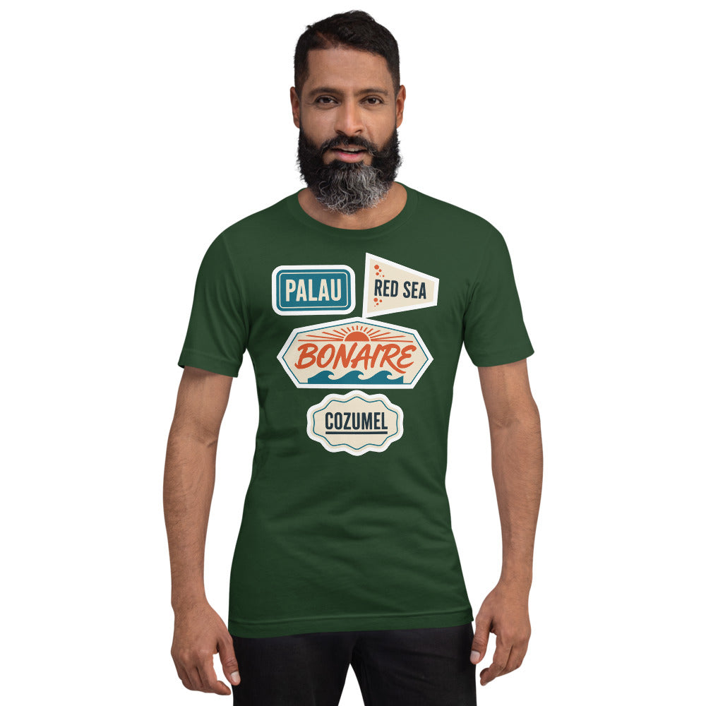 Vintage scuba diving dive sites travel decal t-shirt — Forest, on model