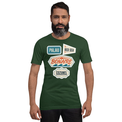 Vintage scuba diving dive sites travel decal t-shirt — Forest, on model