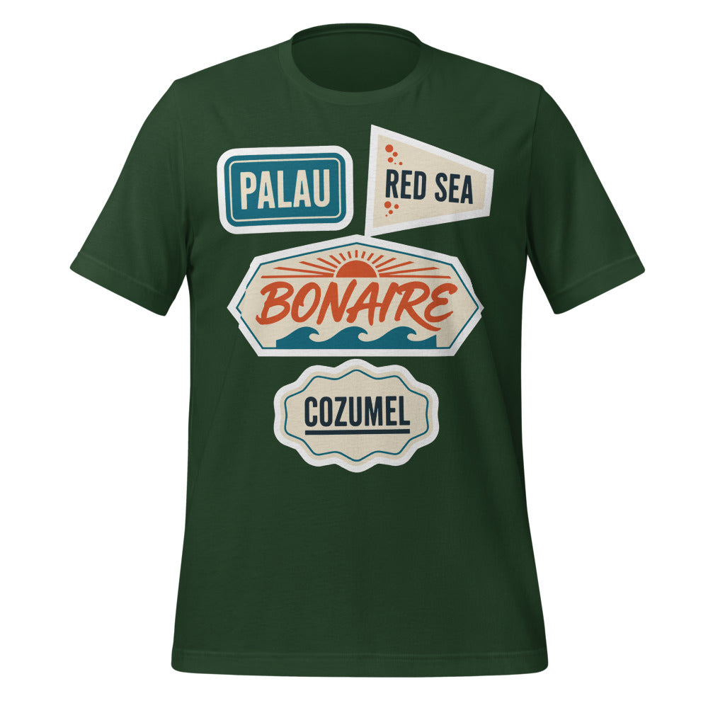 Vintage scuba diving dive sites travel decal t-shirt — Forest, front
