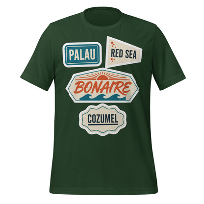Vintage scuba diving dive sites travel decal t-shirt — Forest, front