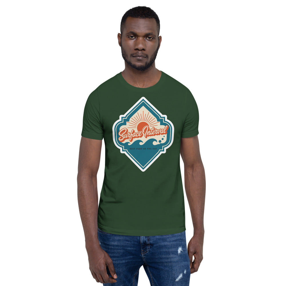 Surface Interval vintage scuba diving travel decal t-shirt — Forest, on model