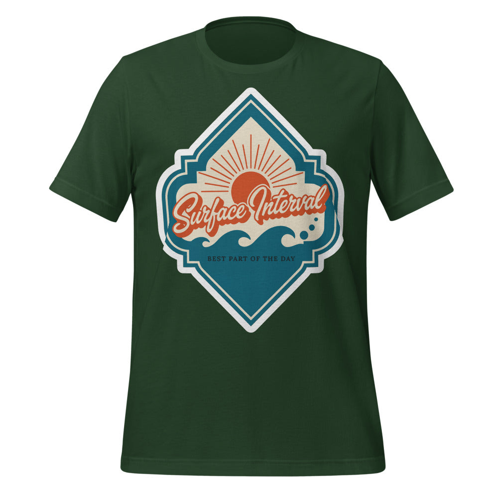 Surface Interval vintage scuba diving travel decal t-shirt — Forest, front