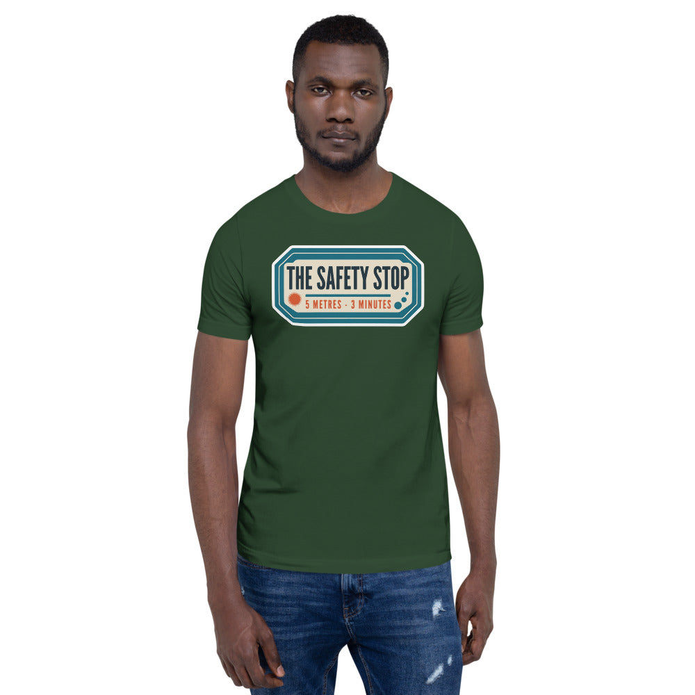 The Safety Stop vintage scuba diving travel decal t-shirt — Forest, on model