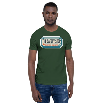 The Safety Stop vintage scuba diving travel decal t-shirt — Forest, on model