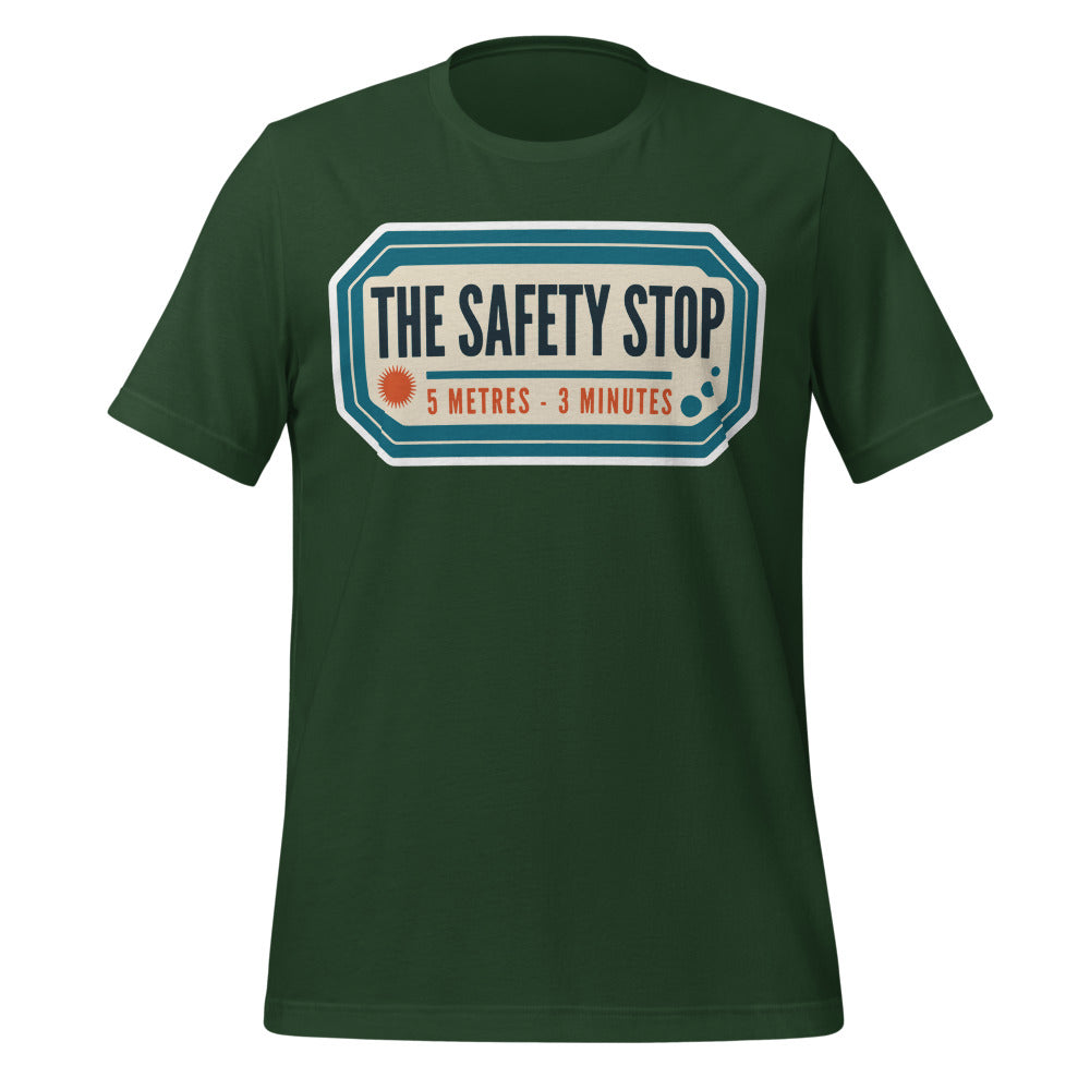The Safety Stop vintage scuba diving travel decal t-shirt — Forest, front