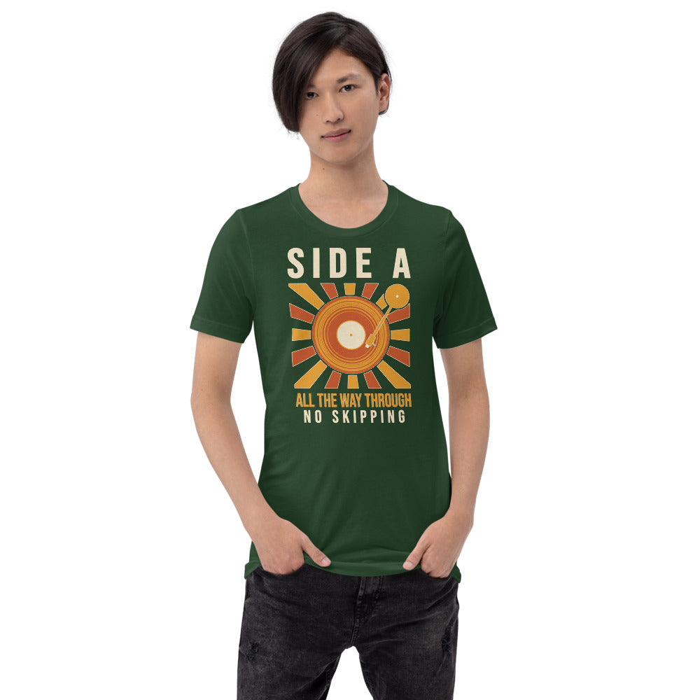 Side A No Skipping vinyl record tee — Forest, on model