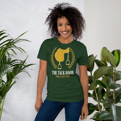 The Tack Room engraved equestrian saddle crest t-shirt — Forest, on model