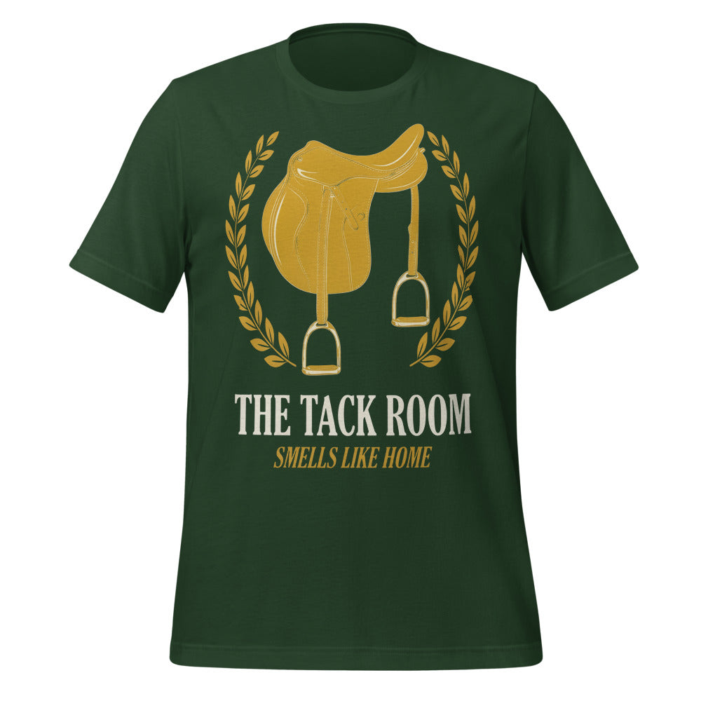 The Tack Room engraved equestrian saddle crest t-shirt — Forest, front