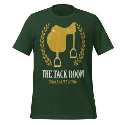 The Tack Room engraved equestrian saddle crest t-shirt — Forest, front
