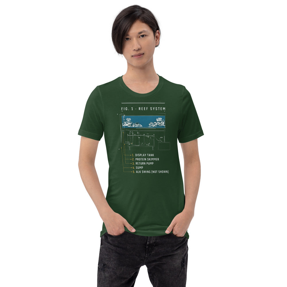 Reef System technical cutaway saltwater aquarium t-shirt — Forest, on model
