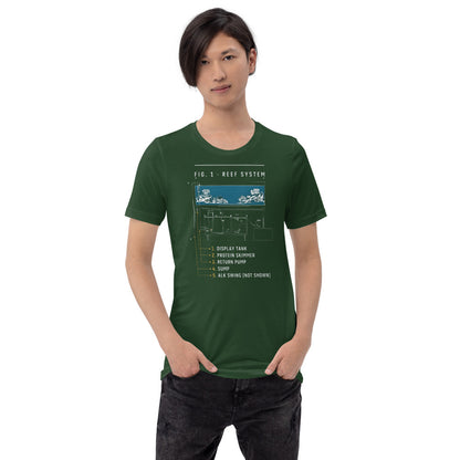 Reef System technical cutaway saltwater aquarium t-shirt — Forest, on model