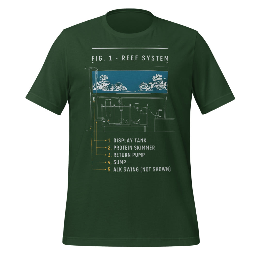 Reef System technical cutaway saltwater aquarium t-shirt — Forest, front