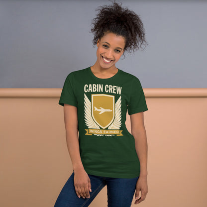 Wings Earned flight attendant tee — Forest, on model
