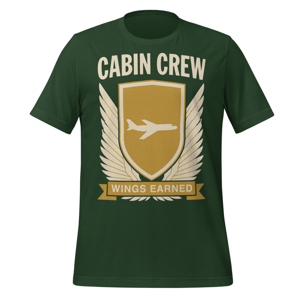 Wings Earned flight attendant tee — Forest, front