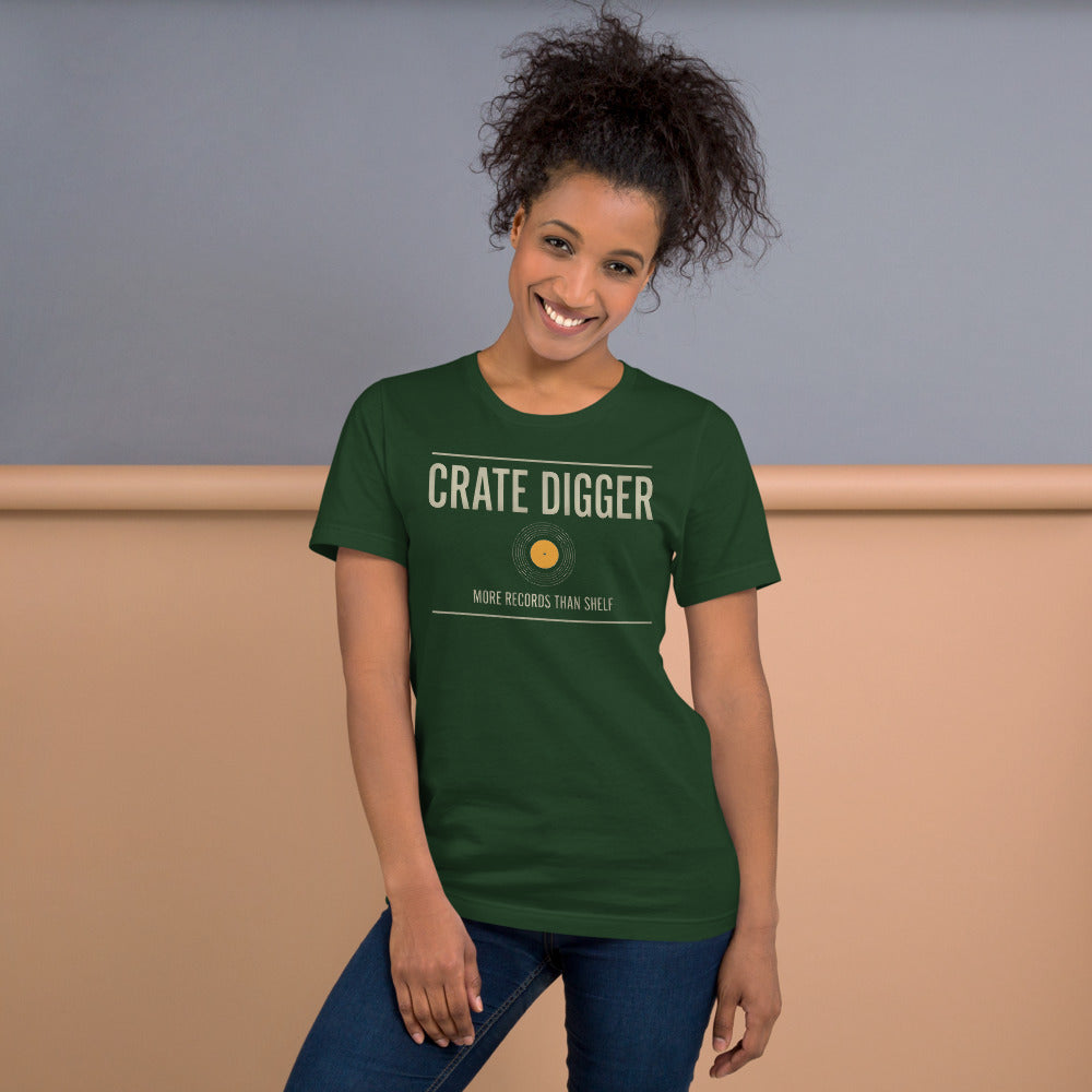 Crate Digger vinyl record tee — Forest, on model