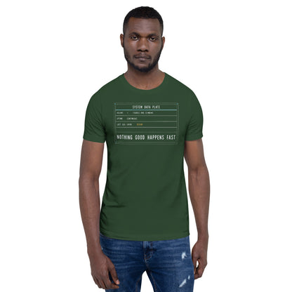 Nothing Good Happens Fast reef system data plate saltwater aquarium t-shirt — Forest, on model