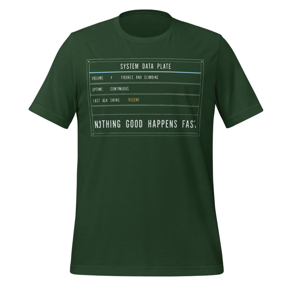 Nothing Good Happens Fast reef system data plate saltwater aquarium t-shirt — Forest, front