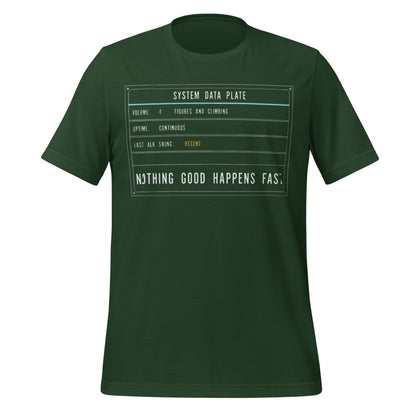 Nothing Good Happens Fast reef system data plate saltwater aquarium t-shirt — Forest, front