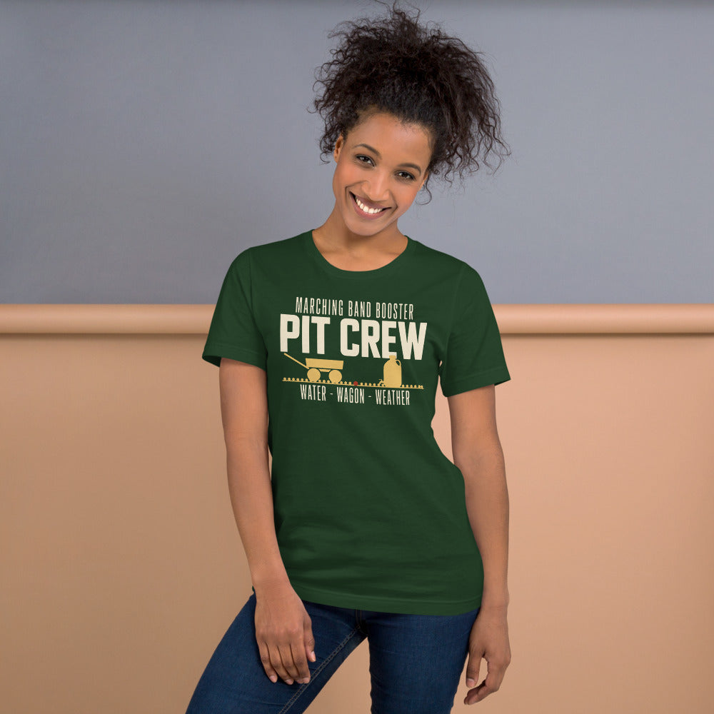 Pit Crew marching band booster t-shirt — Forest, on model