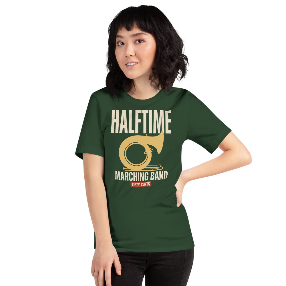 Official Halftime vintage marching band t-shirt — Forest, on model