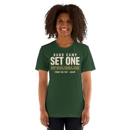 Set One marching band drill chart t-shirt — Forest, on model