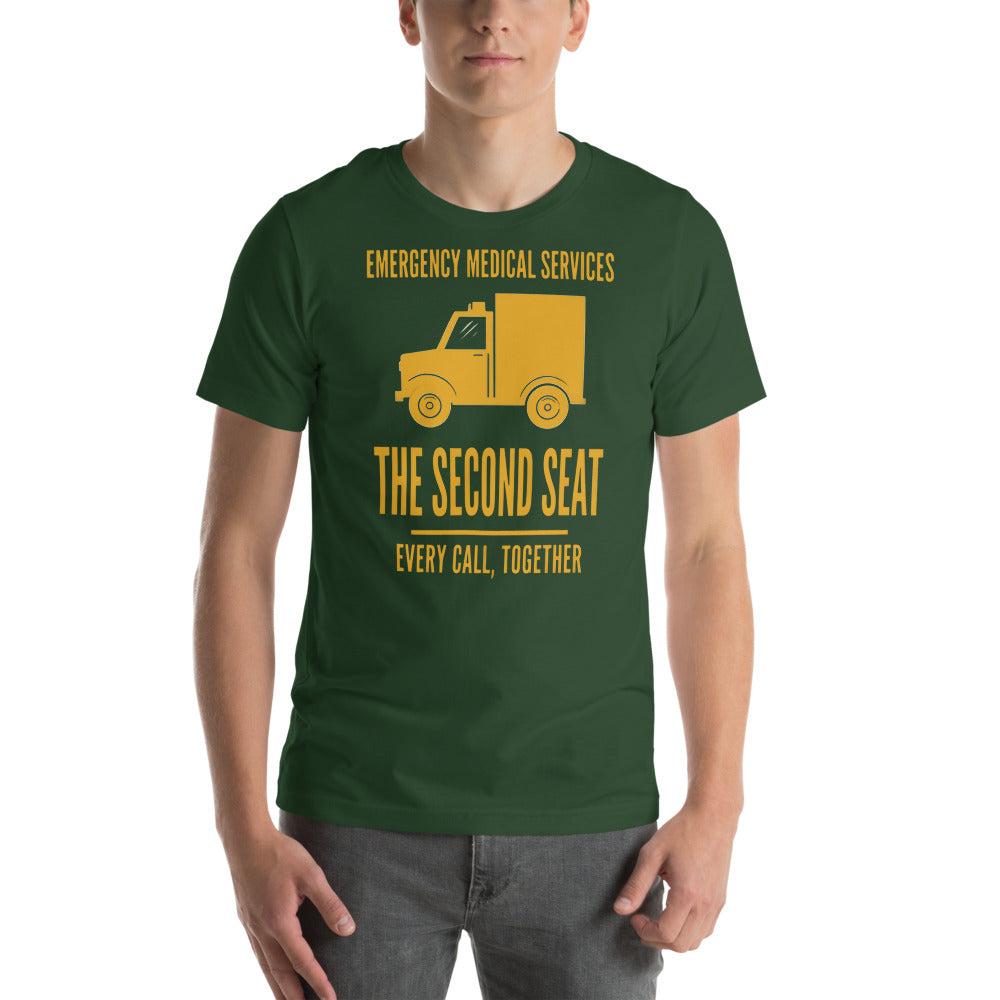 The Second Seat EMS paramedic tee — Forest, on model