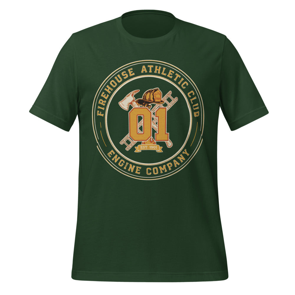 Firehouse Athletic Club retro firefighter emblem tee — Forest, front