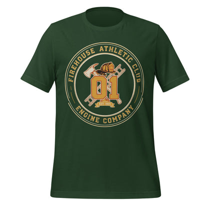Firehouse Athletic Club retro firefighter emblem tee — Forest, front