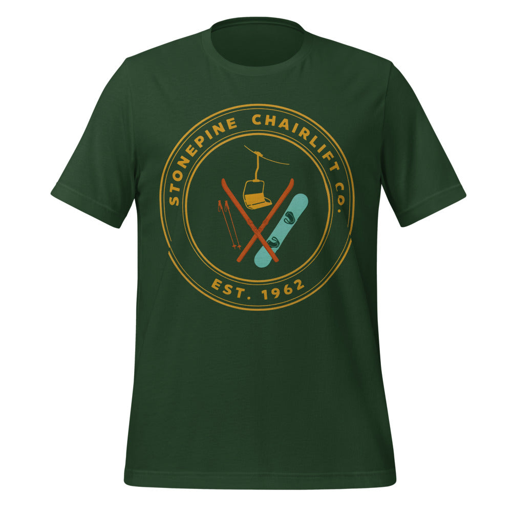 Stonepine Chairlift Co. retro vintage ski club badge t-shirt — Forest, front