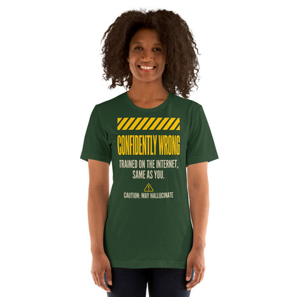 Confidently Wrong AI hazard-label unisex t-shirt — Forest, on model