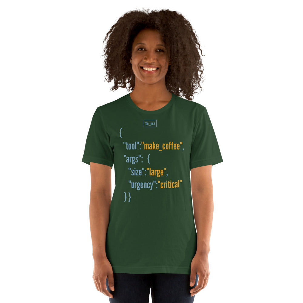 Tool Call Make Coffee AI engineer tee — Forest, on model