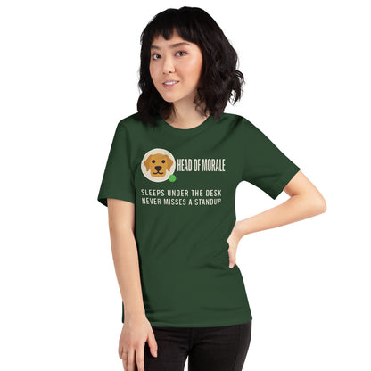 Head of Morale dog profile card unisex t-shirt — Forest, on model