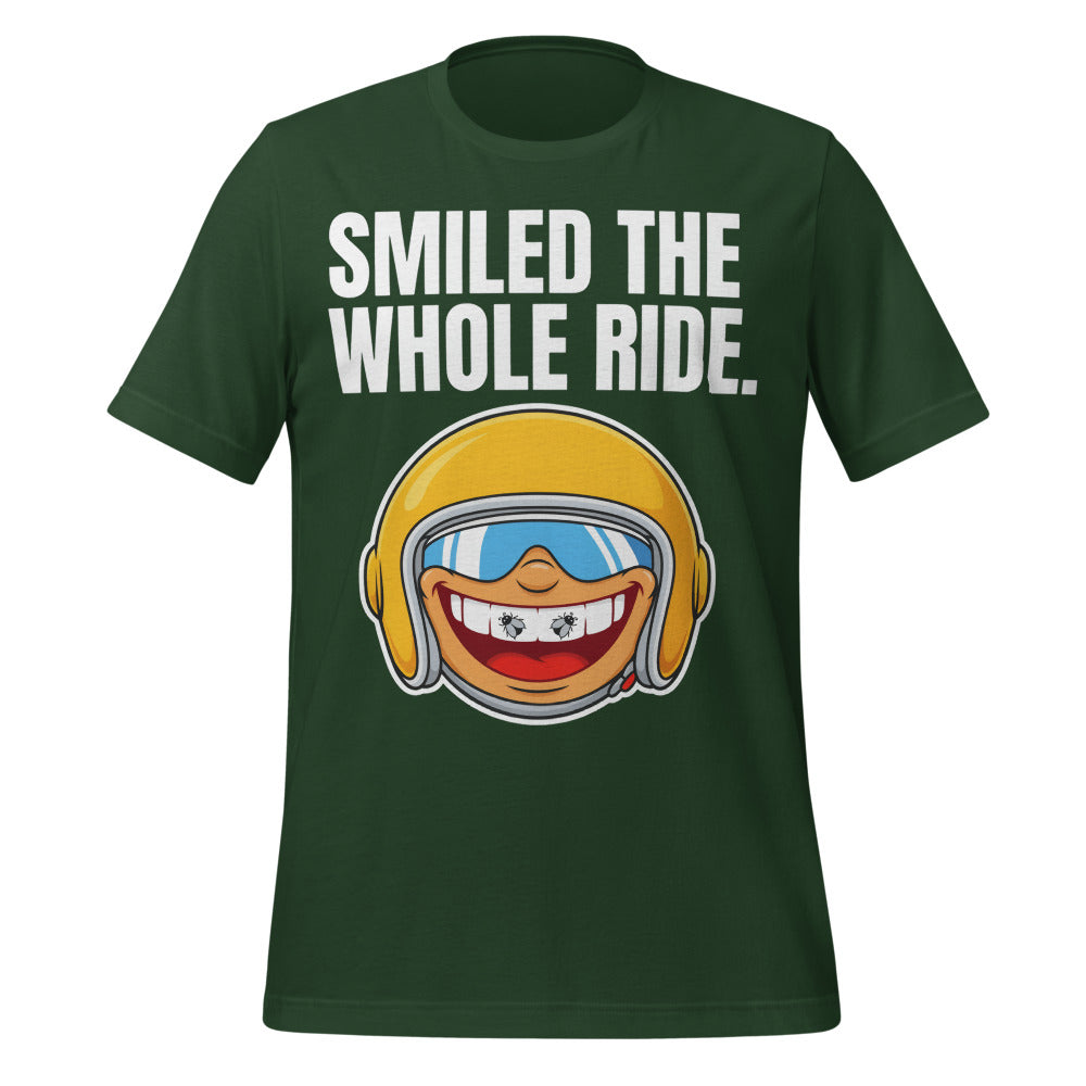 Smiled The Whole Ride funny motorcycle tee — Forest, front