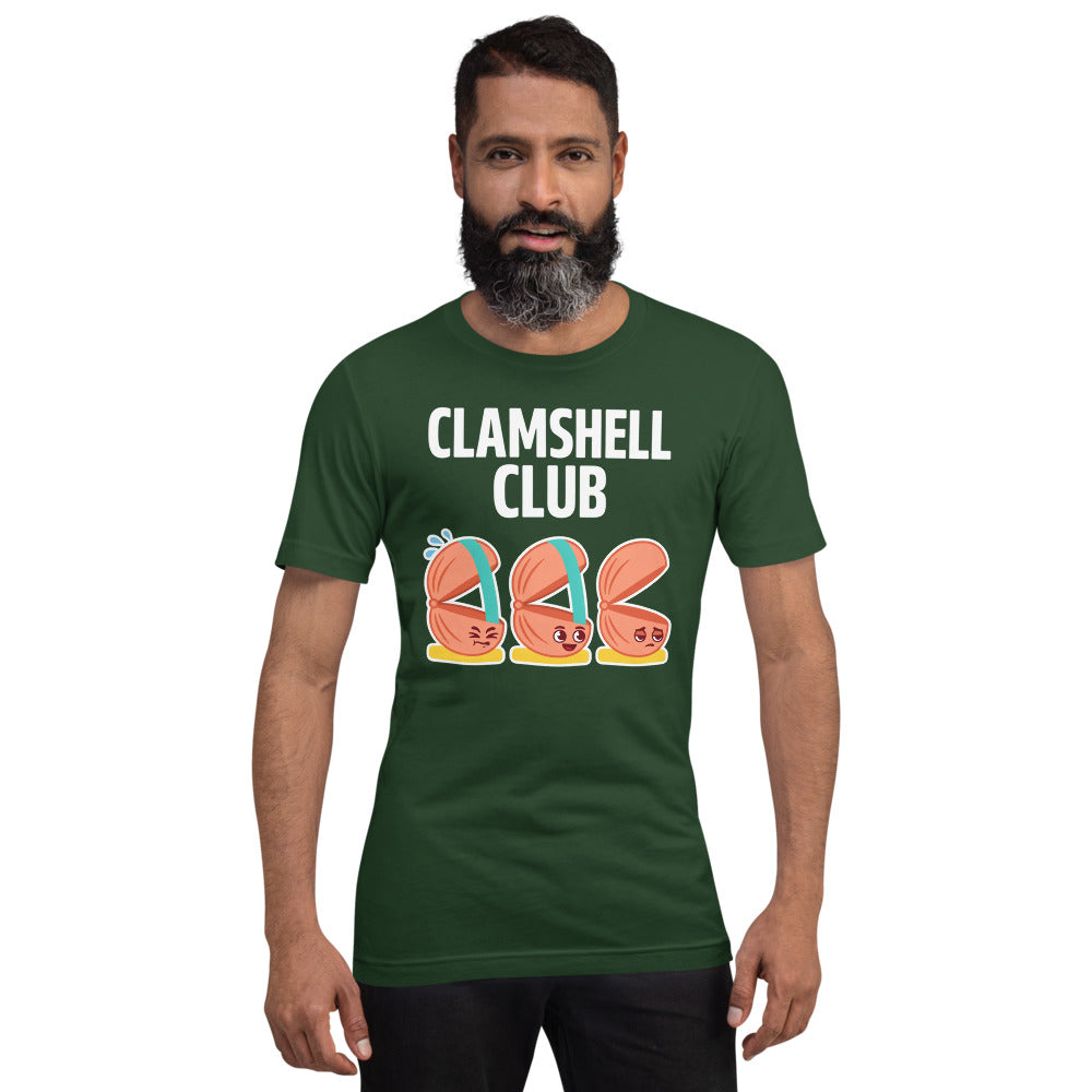 Clamshell Club funny physical therapy tee — Forest, on model