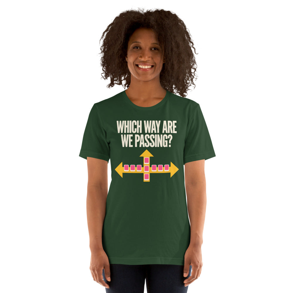 Which Way Are We Passing funny mahjong tee — Forest, on model