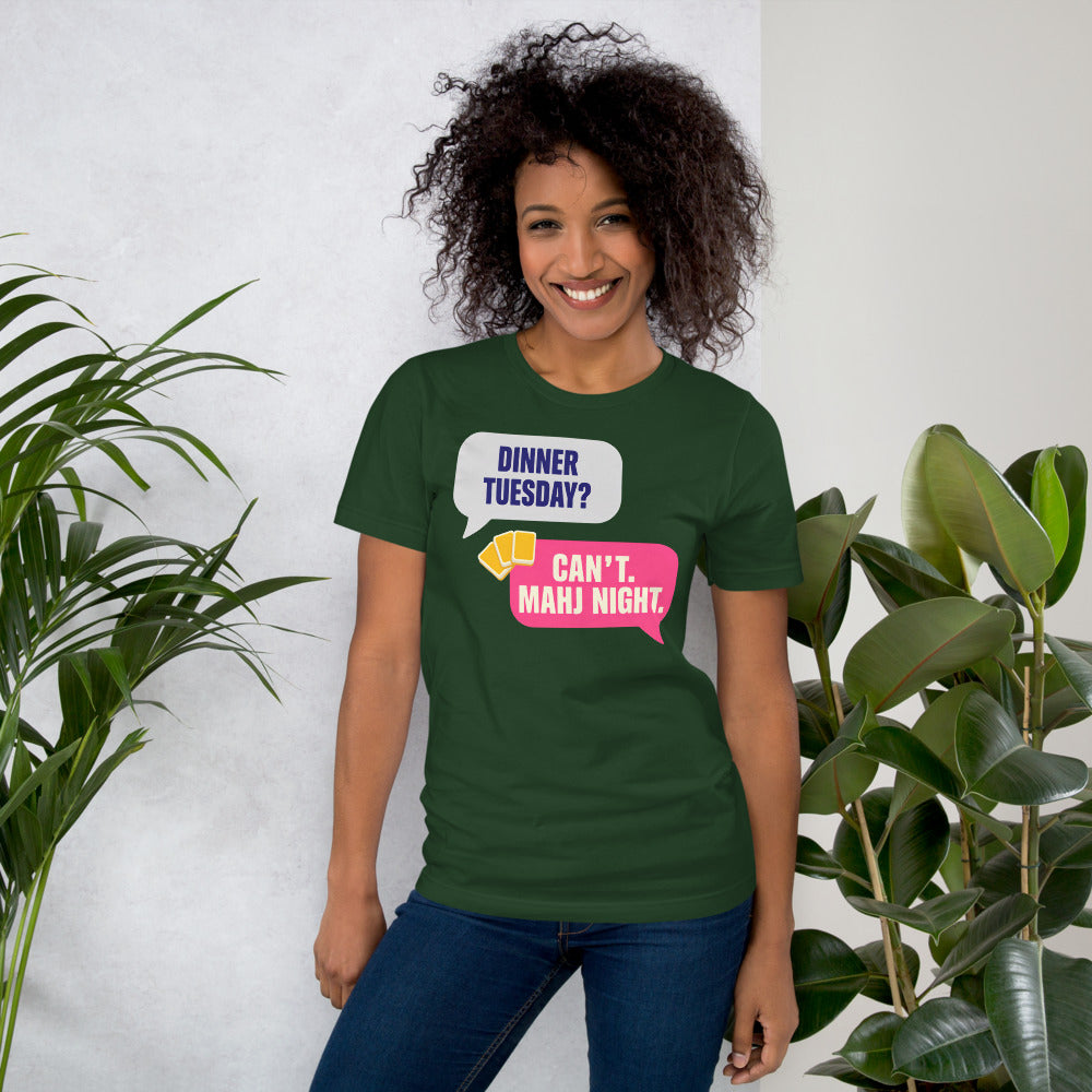 Mahj Night funny mahjong tee — Forest, on model