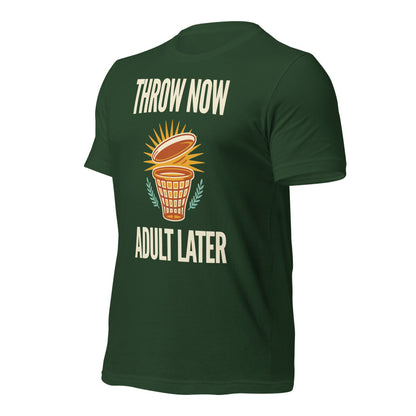 Funny disc golf shirt, Throw Now Adult Later disc golf retro tee — Forest, front-right