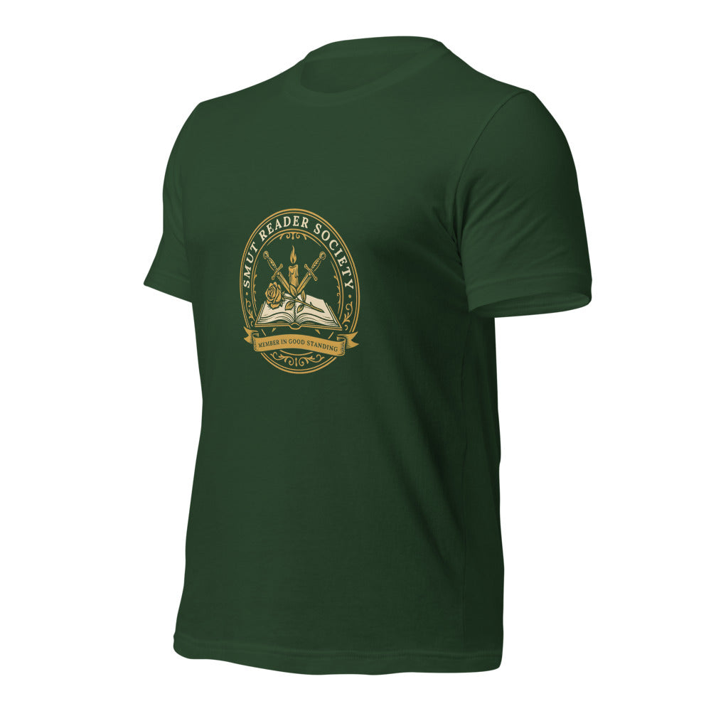 Smut Reader Society book lover dark academia tee — Forest, front-right